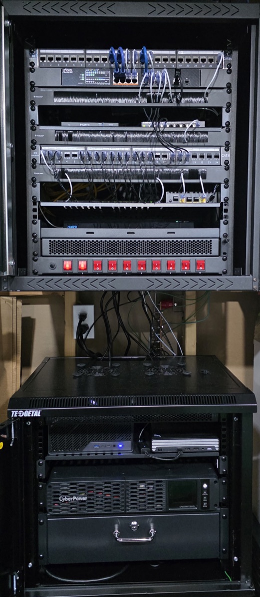 Photograph of the built two-rack homelab
